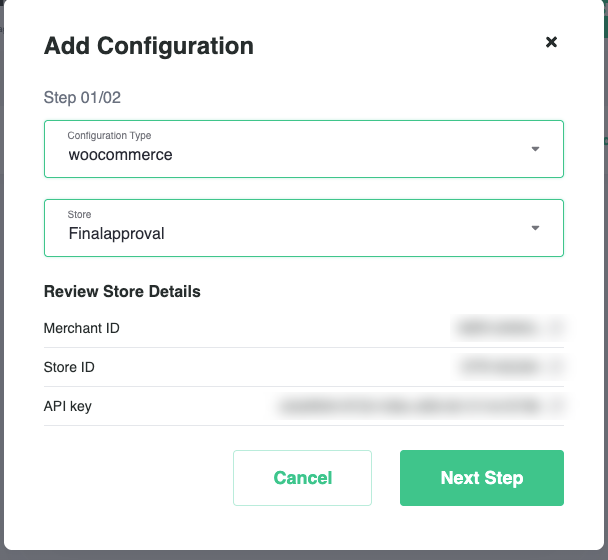 Add Configuration step 1 dialog showing Merchant ID, Store ID and API key
