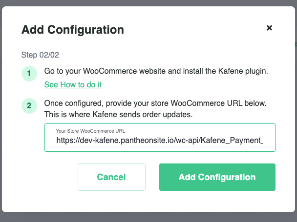 Add Configuration step 2 dialog with the store WooCommerce URL field