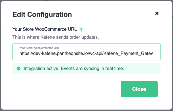 Edit Configuration dialog showing Integration active, events syncing in real time