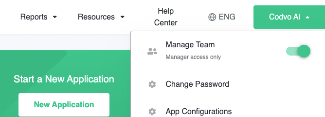 Account dropdown menu in the Kafene Merchant Portal showing App Configurations