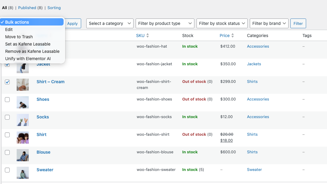 WooCommerce Products list with the Bulk actions menu open showing Set as Kafene Leasable