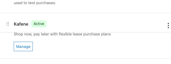 Kafene listed in WooCommerce payment providers with a Manage button