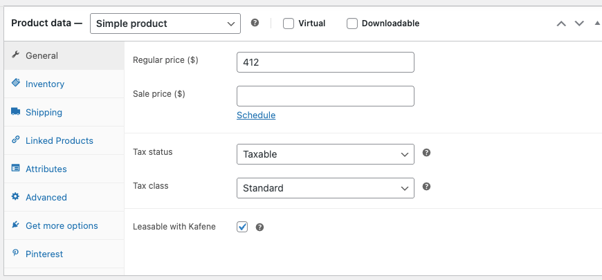 Product data panel in WooCommerce with the Leasable with Kafene checkbox ticked