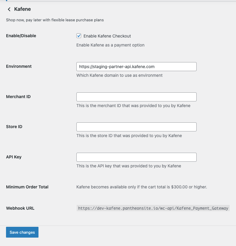 Kafene plugin settings in WooCommerce with Merchant ID, Store ID, API Key and Webhook URL fields